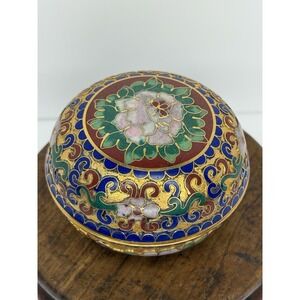 Vintage Brass Floral Cloisonne Enamel Lidded Trinket Jewelry Box 3" Gold Chinese